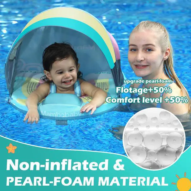 Alt view image 2 of 6 - Mambobaby Non-Inflatable Baby Pool Float with Tail and Canopy UPF 50+ Sun Protection No Flip Over Infant Swim Float Skin-Friendly Mambo Float Swim Trainer Solid Baby Swimming Ring (Rainbow Green)
