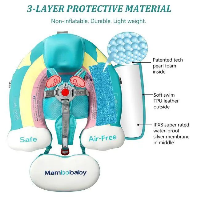 Alt view image 3 of 6 - Mambobaby Non-Inflatable Baby Pool Float with Tail and Canopy UPF 50+ Sun Protection No Flip Over Infant Swim Float Skin-Friendly Mambo Float Swim Trainer Solid Baby Swimming Ring (Rainbow Green)