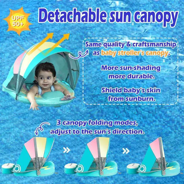 Alt view image 5 of 6 - Mambobaby Non-Inflatable Baby Pool Float with Tail and Canopy UPF 50+ Sun Protection No Flip Over Infant Swim Float Skin-Friendly Mambo Float Swim Trainer Solid Baby Swimming Ring (Rainbow Green)