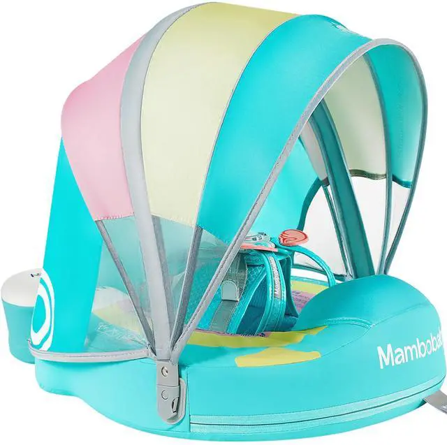 Main image of Mambobaby Non-Inflatable Baby Pool Float with Tail and Canopy UPF 50+ Sun Protection No Flip Over Infant Swim Float Skin-Friendly Mambo Float Swim Trainer Solid Baby Swimming Ring (Rainbow Green)