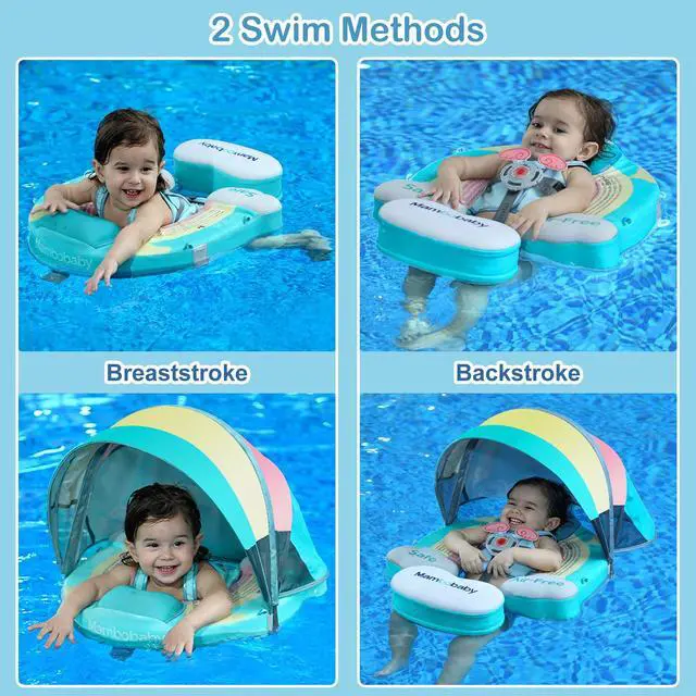 Alt view image 4 of 6 - Mambobaby Non-Inflatable Baby Pool Float with Tail and Canopy UPF 50+ Sun Protection No Flip Over Infant Swim Float Skin-Friendly Mambo Float Swim Trainer Solid Baby Swimming Ring (Rainbow Green)