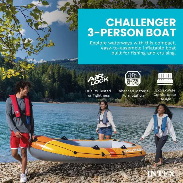 Alt view image 2 of 7 - INTEX 66313EP Challenger 3 Inflatable Boat Set: Includes Deluxe 54in Aluminum Oars and High-Output Pump Triple Air Chambers Welded Oar Locks 3-Person 660lb Weight Capacity