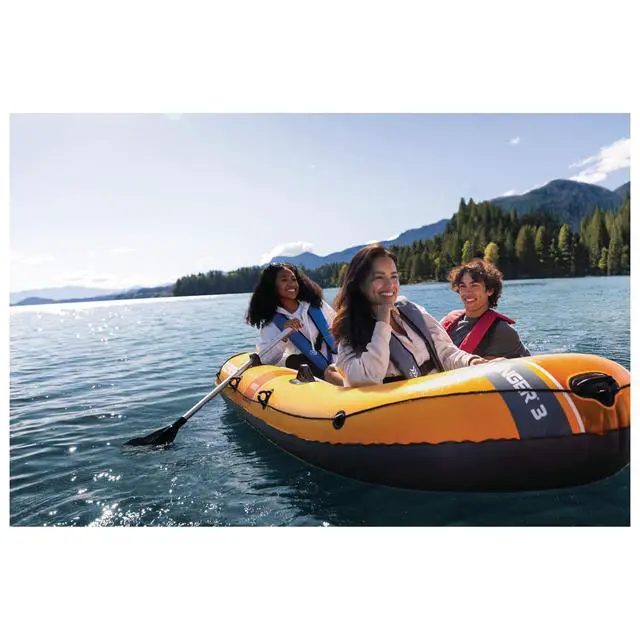 Alt view image 7 of 7 - INTEX 66313EP Challenger 3 Inflatable Boat Set: Includes Deluxe 54in Aluminum Oars and High-Output Pump Triple Air Chambers Welded Oar Locks 3-Person 660lb Weight Capacity