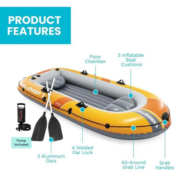 Alt view image 5 of 7 - INTEX 66313EP Challenger 3 Inflatable Boat Set: Includes Deluxe 54in Aluminum Oars and High-Output Pump Triple Air Chambers Welded Oar Locks 3-Person 660lb Weight Capacity