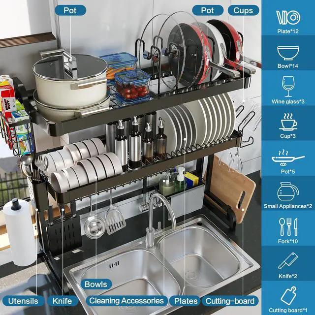 Alt view image 2 of 7 - LIVOD Over The Sink Dish Drying Rack,3 Tier Adjustable Length Full Stainless Steel Large Storage Kitchen Dish Rack,for Kitchen Counter Expandable Multifunctional Organizers,Silver (25.5'' to 37.6'')