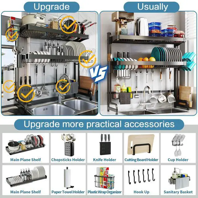 Alt view image 3 of 7 - LIVOD Over The Sink Dish Drying Rack,3 Tier Adjustable Length Full Stainless Steel Large Storage Kitchen Dish Rack,for Kitchen Counter Expandable Multifunctional Organizers,Silver (25.5'' to 37.6'')