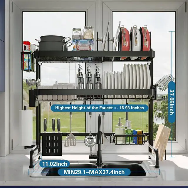 Alt view image 5 of 7 - LIVOD Over The Sink Dish Drying Rack,3 Tier Adjustable Length Full Stainless Steel Large Storage Kitchen Dish Rack,for Kitchen Counter Expandable Multifunctional Organizers,Silver (25.5'' to 37.6'')