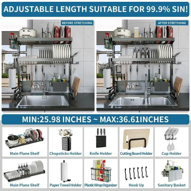 Alt view image 6 of 7 - LIVOD Over The Sink Dish Drying Rack,3 Tier Adjustable Length Full Stainless Steel Large Storage Kitchen Dish Rack,for Kitchen Counter Expandable Multifunctional Organizers,Silver (25.5'' to 37.6'')