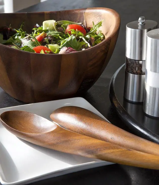 Alt view image 6 of 7 - nambe Gourmet Harmony 3 Piece Wooden Salad Bowl Set | Big 12-Inch Salad Bowl with Serving Utensils | Acacia Wood Salad Tosser and Fruit Bowl | Housewarming Gift | Designed by Wei Young