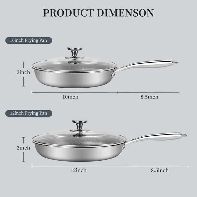 Alt view image 2 of 7 - Innerwell Stainless Steel Frying Pan Set with Lid 10" and 12" Nonstick Honeycomb Coatings Skillet Set 2pcs W/Stay Cool Handle,Works Pan for Cooking with Induction Gas Stovetops