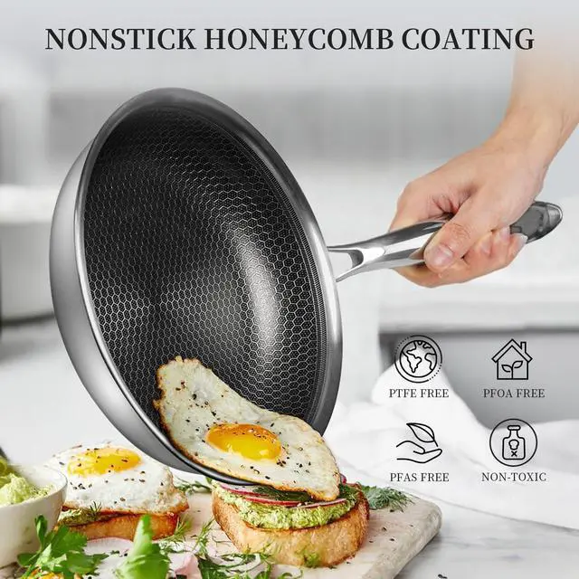 Alt view image 4 of 7 - Innerwell Stainless Steel Frying Pan Set with Lid 10" and 12" Nonstick Honeycomb Coatings Skillet Set 2pcs W/Stay Cool Handle,Works Pan for Cooking with Induction Gas Stovetops