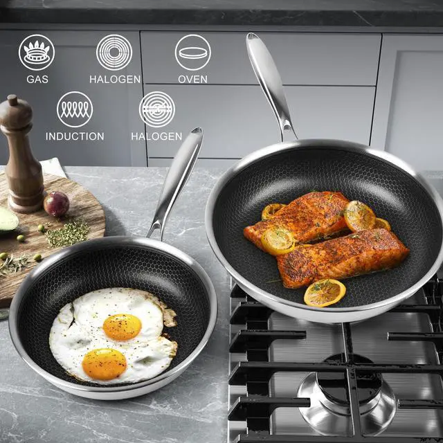 Alt view image 5 of 7 - Innerwell Stainless Steel Frying Pan Set with Lid 10" and 12" Nonstick Honeycomb Coatings Skillet Set 2pcs W/Stay Cool Handle,Works Pan for Cooking with Induction Gas Stovetops