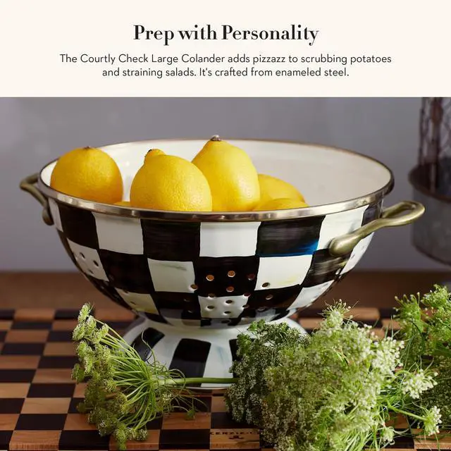 Alt view image 2 of 6 - MACKENZIE-CHILDS Enamel Colander, Decorative Kitchen Strainer, Large, Black-and-White Courtly Check