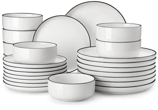 Main image of MALACASA Plates and Bowls Sets, 24 Pieces Modern Porcelain Dinnerware Set for 8 White Kitchen Dinner Dining Ware Set wtih Black Rim Ceramic Dishware Dishes Microwave and Dishwasher Safe, Series LUNA