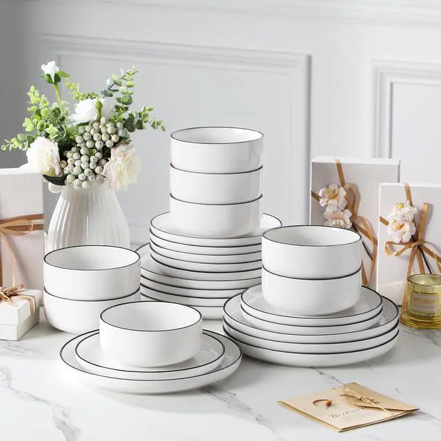 Alt view image 6 of 7 - MALACASA Plates and Bowls Sets, 24 Pieces Modern Porcelain Dinnerware Set for 8 White Kitchen Dinner Dining Ware Set wtih Black Rim Ceramic Dishware Dishes Microwave and Dishwasher Safe, Series LUNA