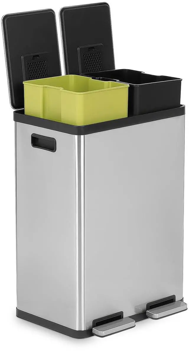 Main image of SIMPLI-MAGIC 60 Liter / 16 Gallon Rectangular Hands-Free Dual Compartment Recycling Kitchen Step Trash Can with Soft-Close Lid, Brushed Stainless Steel