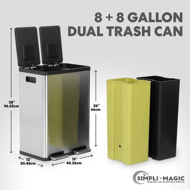 Alt view image 3 of 4 - SIMPLI-MAGIC 60 Liter / 16 Gallon Rectangular Hands-Free Dual Compartment Recycling Kitchen Step Trash Can with Soft-Close Lid, Brushed Stainless Steel