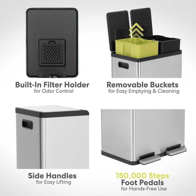 Alt view image 4 of 4 - SIMPLI-MAGIC 60 Liter / 16 Gallon Rectangular Hands-Free Dual Compartment Recycling Kitchen Step Trash Can with Soft-Close Lid, Brushed Stainless Steel