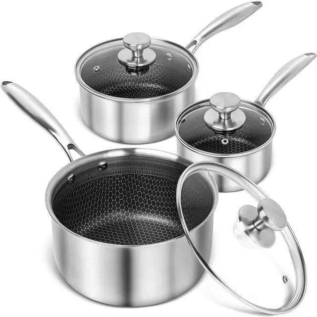 Main image of MICHELANGELO Triply Stainless Steel Pot Set, Hybrid Nonstick Saucepan Set with Lids, Induction Compatible Heavy Duty Sauce Pan 1QT & 2QT & 3QT, Honeycomb Interior, Dishwasher Safe Cookware - 6 Piece