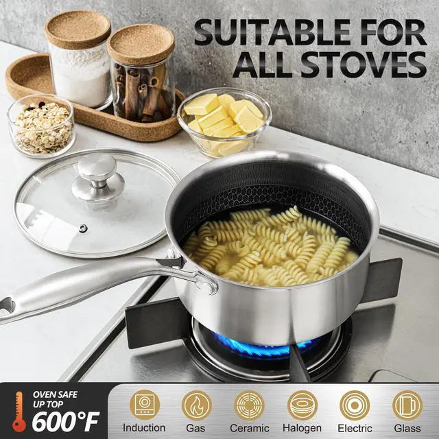 Alt view image 3 of 7 - MICHELANGELO Triply Stainless Steel Pot Set, Hybrid Nonstick Saucepan Set with Lids, Induction Compatible Heavy Duty Sauce Pan 1QT & 2QT & 3QT, Honeycomb Interior, Dishwasher Safe Cookware - 6 Piece
