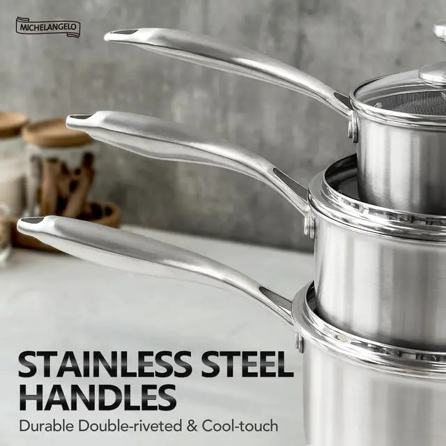 Alt view image 5 of 7 - MICHELANGELO Triply Stainless Steel Pot Set, Hybrid Nonstick Saucepan Set with Lids, Induction Compatible Heavy Duty Sauce Pan 1QT & 2QT & 3QT, Honeycomb Interior, Dishwasher Safe Cookware - 6 Piece