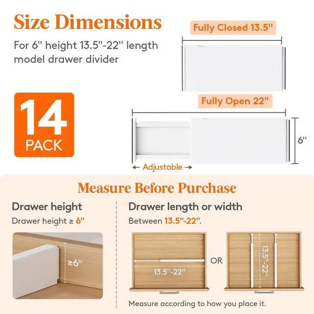 Alt view image 2 of 7 - Lifewit 14 Pack 6" High Drawer Dividers 34-56cm/13.5-22" Adjustable Drawer Organizer for Clothes/Utensils, Expandable Drawer Separator in Dresser/Kitchen/Bedroom/Office Organization & Storage White