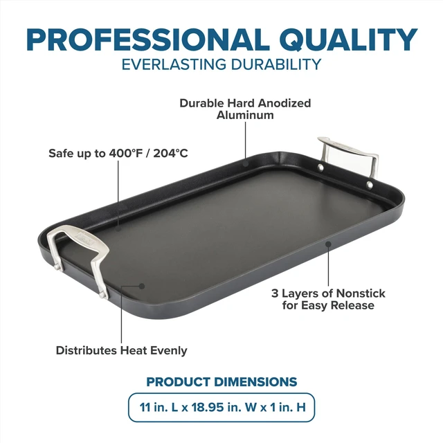 Alt view image 4 of 6 - Viking Nonstick Double Burner Griddle, 19 x 11 Inch Hard Anodized Kitchen Grill Pan with Handles, Oven Safe, Works on Gas, Ceramic, and Electric Stove Top