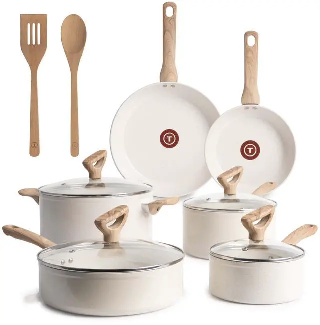 Main image of T-Fal Revive Ceramic Nonstick Cookware Set, Oven Safe Up to 350ºF, 12-Piece, Includes Stockpot, Saucepan, Skillet, Frying Pans, Utensils, Ceramic Pots and Pans Set, Beige Granite