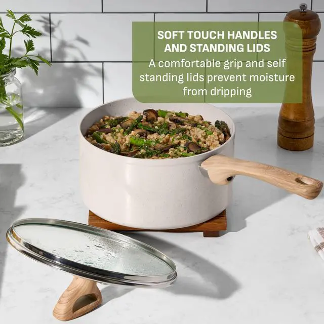 Alt view image 5 of 7 - T-Fal Revive Ceramic Nonstick Cookware Set, Oven Safe Up to 350ºF, 12-Piece, Includes Stockpot, Saucepan, Skillet, Frying Pans, Utensils, Ceramic Pots and Pans Set, Beige Granite