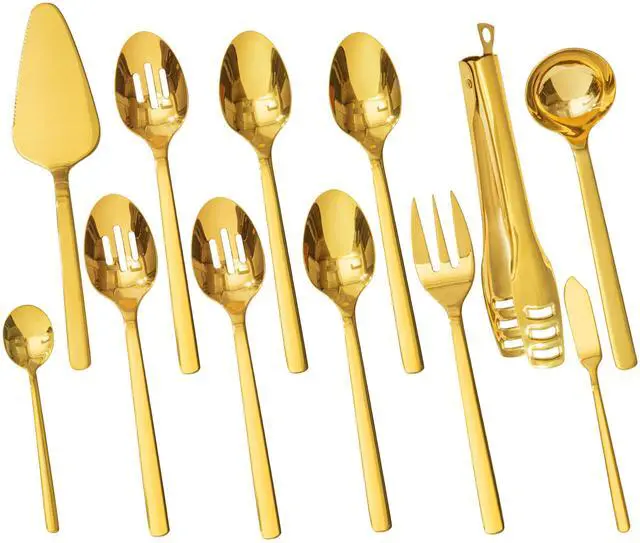 Main image of KINGSTONE Large Hostess Gold Serving Utensils Set, 18/10 Stainless Steel -10 inch Serving Spoons, Slotted Spoons, Forks, Tongs, Cake Pie Server, Butter Knife, Sugar spoon for Buffet, Wedding, Party