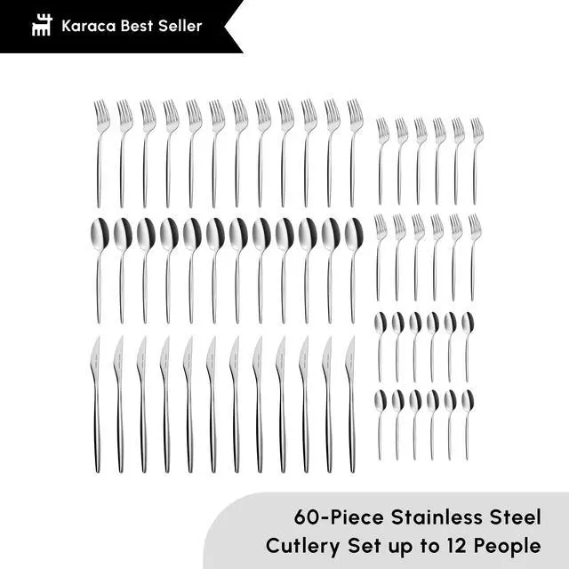 Alt view image 3 of 7 - Karaca Lizbon - 18/10 Stainless Steel Silverware Set for 12, 60 Piece Heavy Duty Flatware Set, Dishwasher Safe Modern Cutlery incl. Kitchen Forks, Spoons, Knives Eating Utensils Sets - Platin