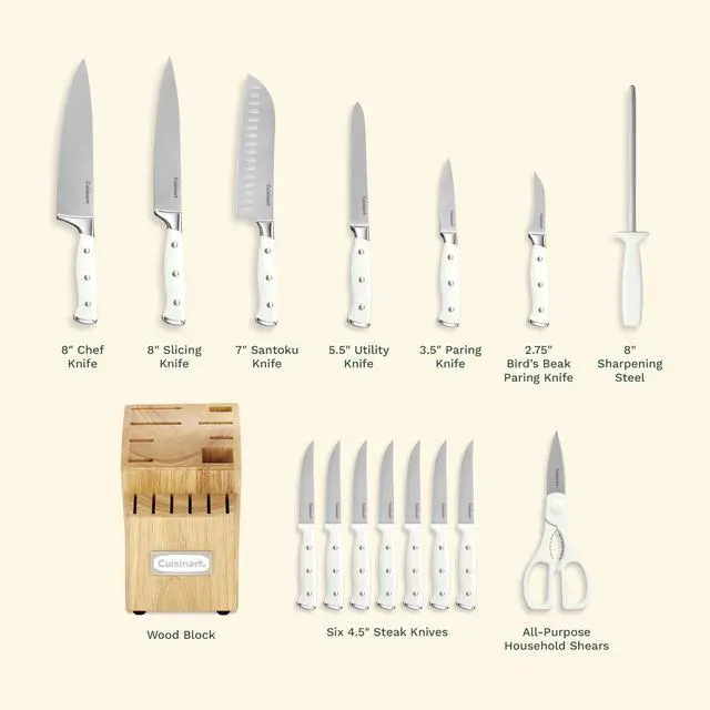 Alt view image 5 of 6 - Cuisinart 15-Piece Knife Set with Block, High Carbon Stainless Steel, Forged Triple Rivet, White, C77WTR-15P