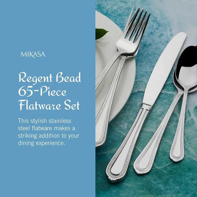 Alt view image 3 of 7 - Mikasa Regent Bead 65-Piece Flatware Set for 12, 18/10 Stainless Steel Silverware with Beaded Teardrop Handles, Includes Serving Utensils, Dishwasher Safe