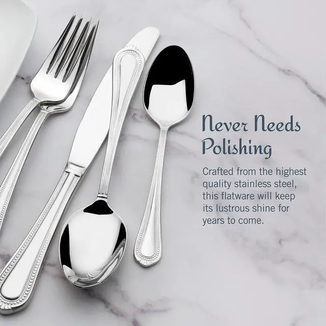 Alt view image 4 of 7 - Mikasa Regent Bead 65-Piece Flatware Set for 12, 18/10 Stainless Steel Silverware with Beaded Teardrop Handles, Includes Serving Utensils, Dishwasher Safe