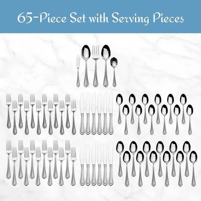 Alt view image 2 of 7 - Mikasa Regent Bead 65-Piece Flatware Set for 12, 18/10 Stainless Steel Silverware with Beaded Teardrop Handles, Includes Serving Utensils, Dishwasher Safe