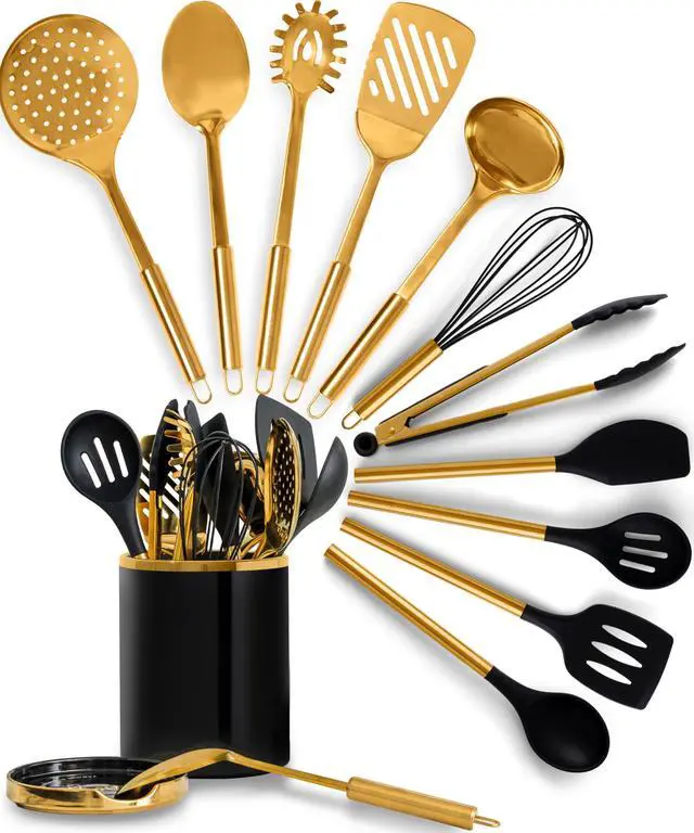 Main image of STYLED SETTINGS Black and Gold Cooking Utensils Set - 13-Piece Kitchen Set with Black Ceramic Utensil Holder and Stackable Gold Spoon Rest - Luxury Kitchen Accessories for Stylish Cooking and Serving