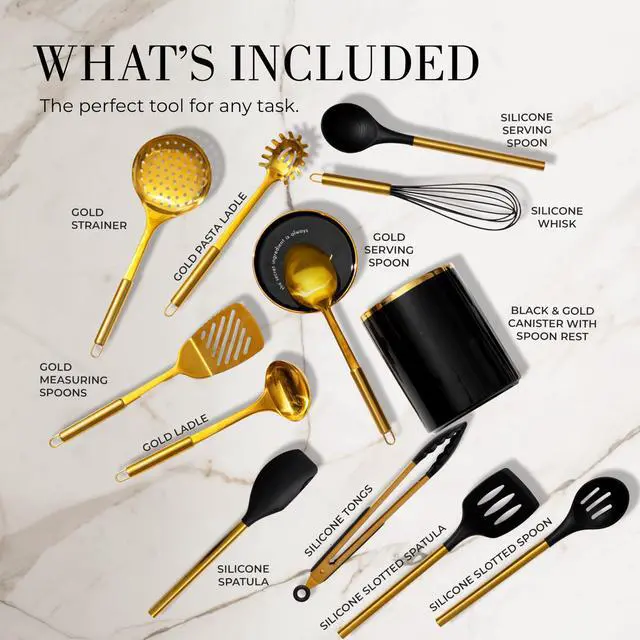 Alt view image 2 of 7 - STYLED SETTINGS Black and Gold Cooking Utensils Set - 13-Piece Kitchen Set with Black Ceramic Utensil Holder and Stackable Gold Spoon Rest - Luxury Kitchen Accessories for Stylish Cooking and Serving