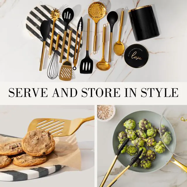 Alt view image 4 of 7 - STYLED SETTINGS Black and Gold Cooking Utensils Set - 13-Piece Kitchen Set with Black Ceramic Utensil Holder and Stackable Gold Spoon Rest - Luxury Kitchen Accessories for Stylish Cooking and Serving