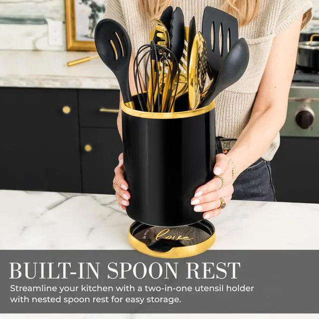 Alt view image 6 of 7 - STYLED SETTINGS Black and Gold Cooking Utensils Set - 13-Piece Kitchen Set with Black Ceramic Utensil Holder and Stackable Gold Spoon Rest - Luxury Kitchen Accessories for Stylish Cooking and Serving