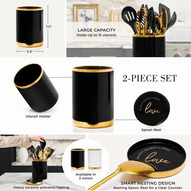Alt view image 7 of 7 - STYLED SETTINGS Black and Gold Cooking Utensils Set - 13-Piece Kitchen Set with Black Ceramic Utensil Holder and Stackable Gold Spoon Rest - Luxury Kitchen Accessories for Stylish Cooking and Serving