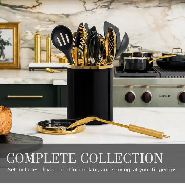 Alt view image 3 of 7 - STYLED SETTINGS Black and Gold Cooking Utensils Set - 13-Piece Kitchen Set with Black Ceramic Utensil Holder and Stackable Gold Spoon Rest - Luxury Kitchen Accessories for Stylish Cooking and Serving