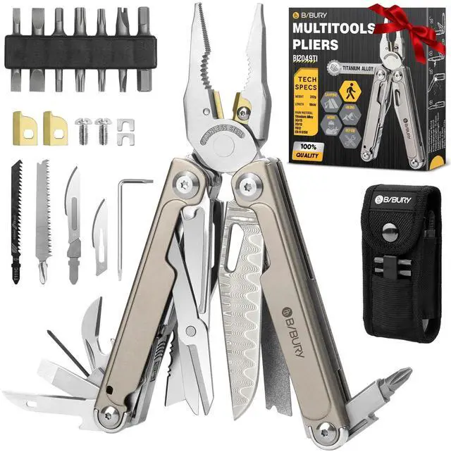 Main image of BIBURY Titanium Alloy Multitool with Damascus Knife, EDC Multi tools with Replaceable Wire Cutters, Scissors, Screwdriver Bits, Titanium Handle Multi-Tool for Camping, Survival, Repair - BI2049TI