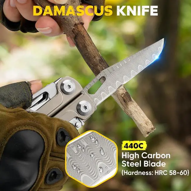 Alt view image 3 of 7 - BIBURY Titanium Alloy Multitool with Damascus Knife, EDC Multi tools with Replaceable Wire Cutters, Scissors, Screwdriver Bits, Titanium Handle Multi-Tool for Camping, Survival, Repair - BI2049TI