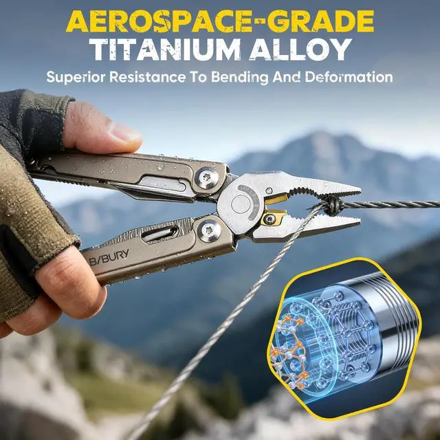 Alt view image 2 of 7 - BIBURY Titanium Alloy Multitool with Damascus Knife, EDC Multi tools with Replaceable Wire Cutters, Scissors, Screwdriver Bits, Titanium Handle Multi-Tool for Camping, Survival, Repair - BI2049TI