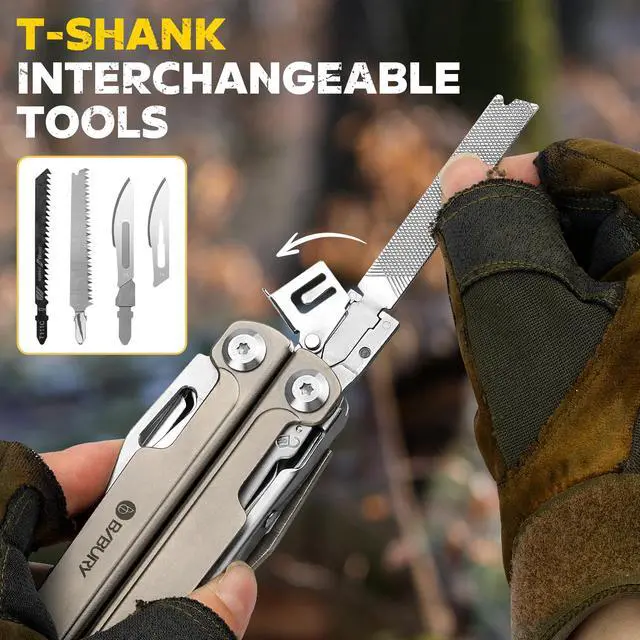 Alt view image 6 of 7 - BIBURY Titanium Alloy Multitool with Damascus Knife, EDC Multi tools with Replaceable Wire Cutters, Scissors, Screwdriver Bits, Titanium Handle Multi-Tool for Camping, Survival, Repair - BI2049TI