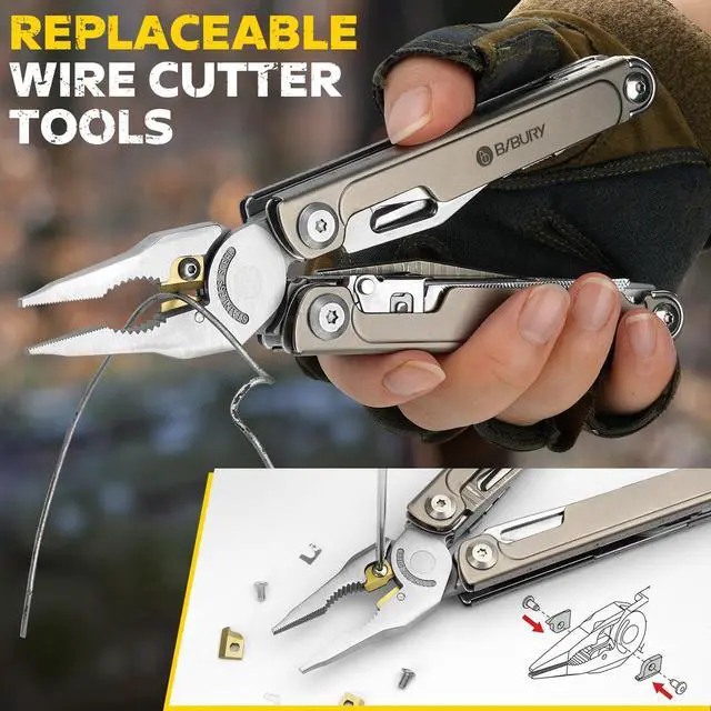 Alt view image 7 of 7 - BIBURY Titanium Alloy Multitool with Damascus Knife, EDC Multi tools with Replaceable Wire Cutters, Scissors, Screwdriver Bits, Titanium Handle Multi-Tool for Camping, Survival, Repair - BI2049TI