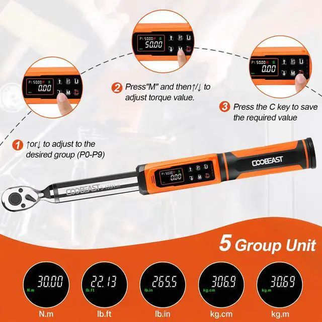 Alt view image 4 of 7 - coobeast Digital Torque Wrench, 3/8 Drive Electronic Torque Wrench with Preset Value(1.5-99.5 Ft-lbs./2-135Nm), Buzzer and LED Flash Five Units of Measure for Bike Motorcycle Car