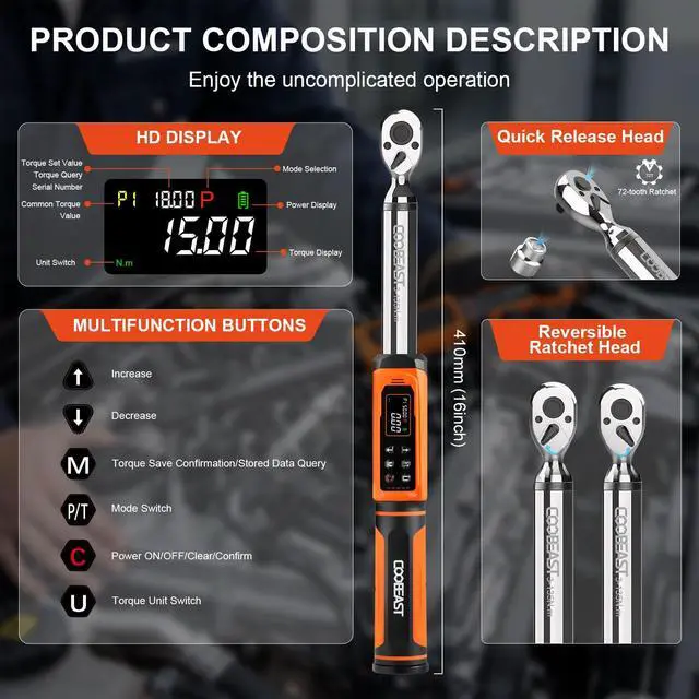 Alt view image 2 of 7 - coobeast Digital Torque Wrench, 3/8 Drive Electronic Torque Wrench with Preset Value(1.5-99.5 Ft-lbs./2-135Nm), Buzzer and LED Flash Five Units of Measure for Bike Motorcycle Car