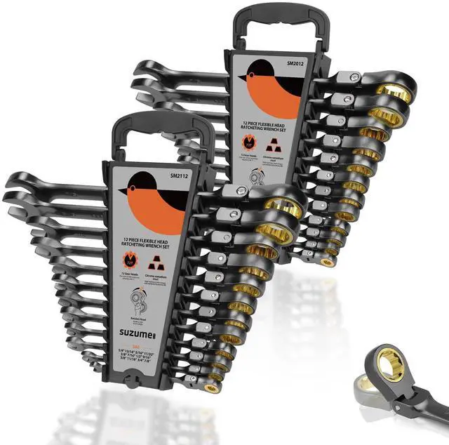 Main image of SUZUME 24-Piece Metric and SAE Flex Head Ratcheting Wrench Set 72 Teeth Cr-V Steel Ratcheting Wrench Set with 180° Flex Head Ratchet Wrenches Set For Auto,Machine Repair