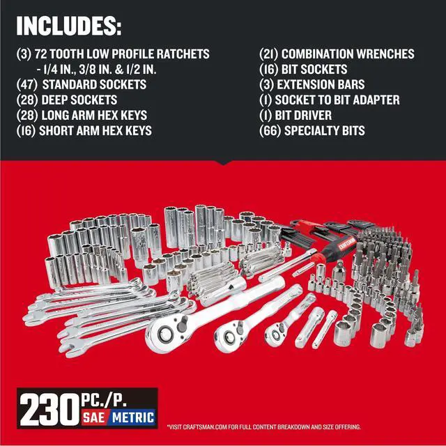 Alt view image 2 of 7 - CRAFTSMAN 230 Pcs Mechanics Tool Set, Socket Wrench Set, Car Tool Kit with VERSASTACK Toolbox, SAE and Metric,1/4 in, 3/8 in, and 1/2 Drive, Short and Long Arm Hex Keys (CMMT45306)